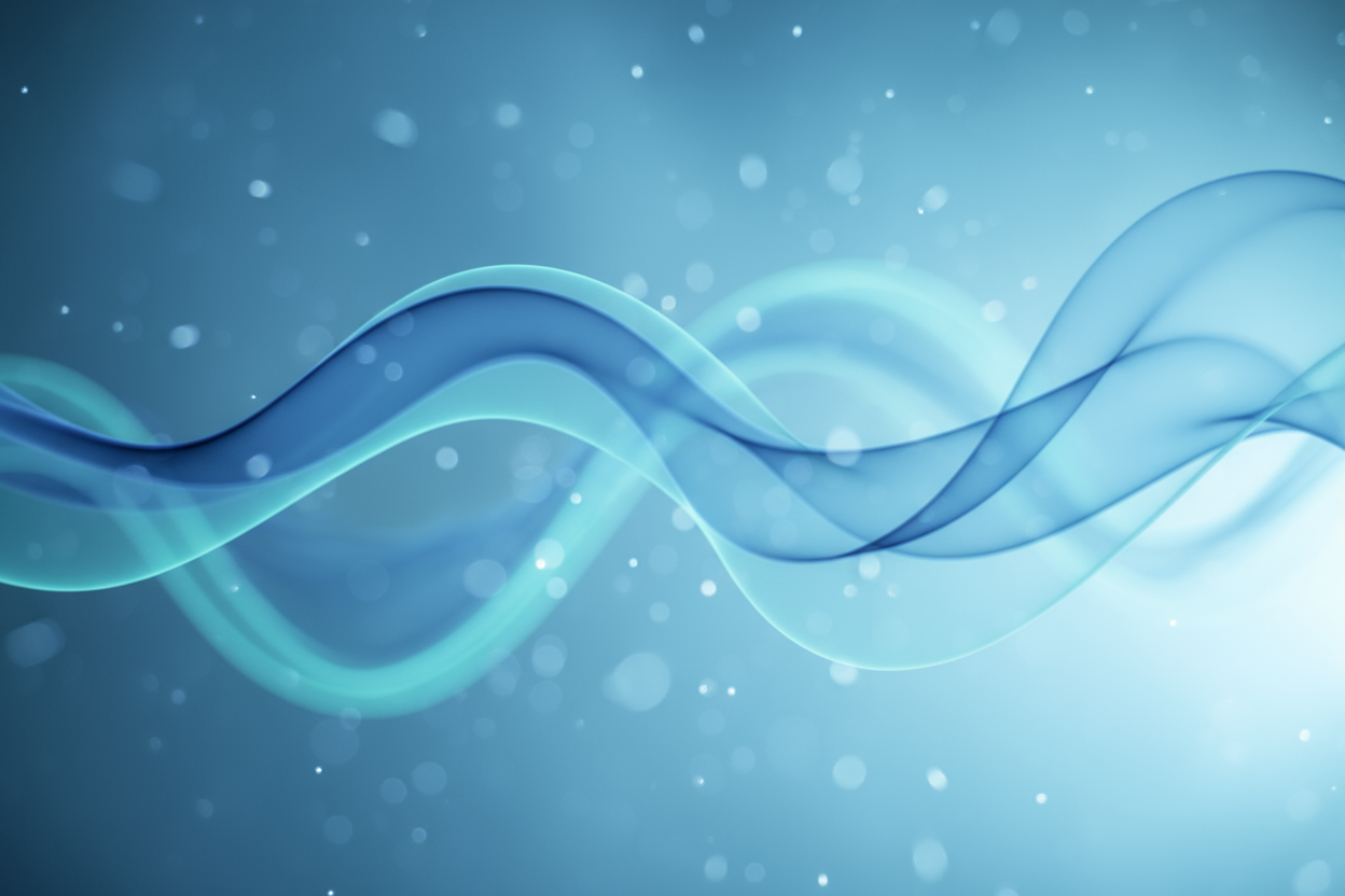 A real photo or render of soft light and smoke in motion — smooth waves of blue and turquoise light through mist, captured with shallow depth of field. Looks like real photography of light in air (not digital lines). Works perfectly as a subtle background with your tagline and logo on top.